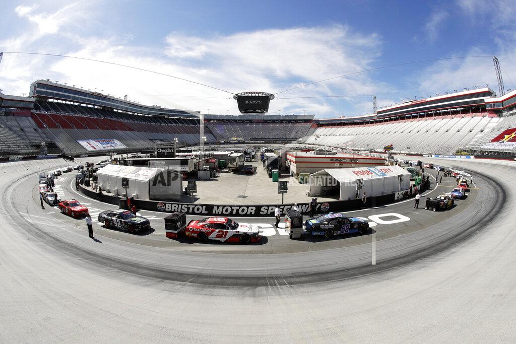 Mark Humphrey In this picture made with a fisheye lens, cars are readied for a NASCAR Xfinity Series auto race at Bristol Motor Speedway Monday, June 1, 2020, in Bristol, Tenn. (AP Photo/Mark Humphrey)