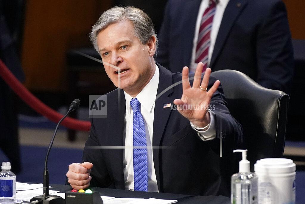 Patrick Semansky FBI Director Christopher Wray testifies before the Senate Judiciary Committee on Capitol Hill in Washington, Tuesday, March 2, 2021. Wray is condemning the Jan. 6 riot at the Capitol as “domestic terrorism.” (AP Photo/Patrick Semansky)