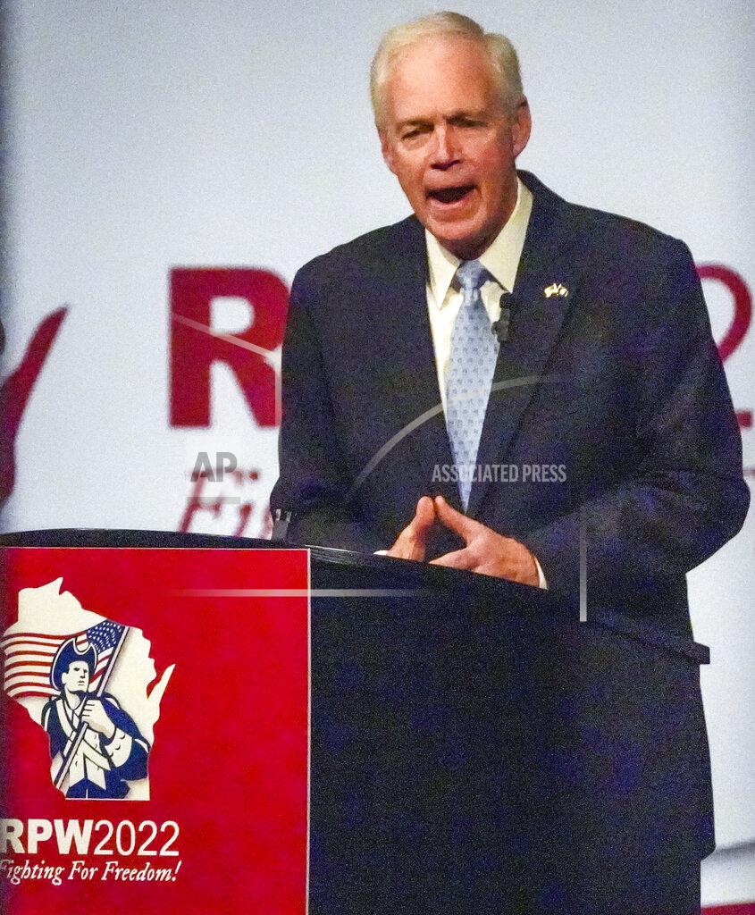 Ebony Cox U.S. Sen. Ron Johnson addresses supporters at the Wisconsin Republican Convention, Saturday, May 21, 2022, in Milwaukee, Wis. (Ebony Cox/Milwaukee Journal-Sentinel via AP)