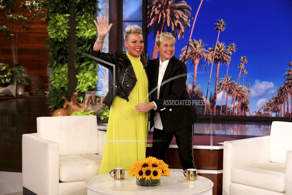 Michael Rozman In this photo released by Warner Bros., talk show host Ellen DeGeneres, right, and singer Pink appear during a taping of the final episode of "The Ellen DeGeneres Show" at the Warner Bros. lot in Burbank, Calif. (Michael Rozman/Warner Bros. via AP)