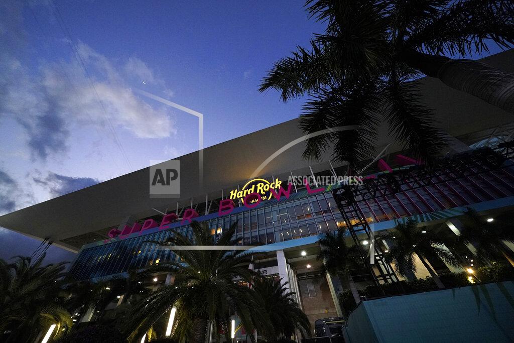 David J. Phillip Hard Rock Stadium is shown Thursday, Jan. 30, 2020, in Miami Gardens, Fla., in preparation for the NFL Super Bowl 54 football game. (AP Photo/David J. Phillip)