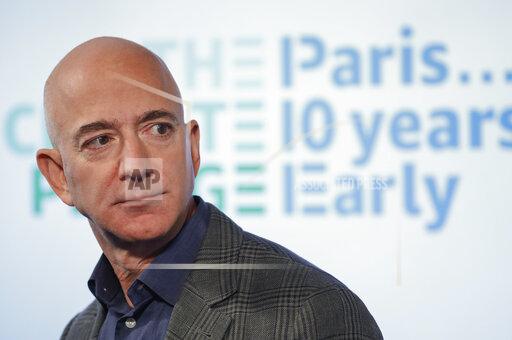FILE - In this Sept. 19, 2019, file photo, Amazon CEO Jeff Bezos speaks during his news conference at the National Press Club in Washington. A pledge by nine grantmakers to give $5 billion to conservation efforts that address threats to biodiversity and to help curb climate change is taking a different approach than philanthropy has embraced in the past — one that may require those organizations to do things differently. (AP Photo/Pablo Martinez Monsivais, File)