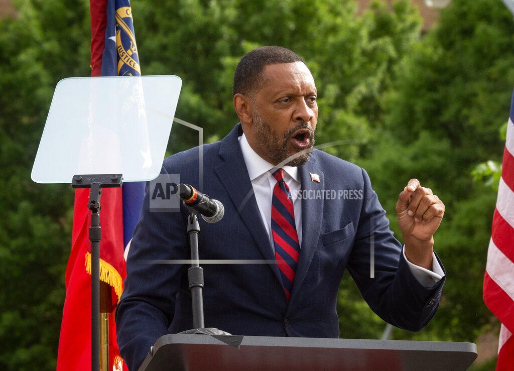 Ron Harris Vernon Jones declares his intention to run for governor of Georgia as a Republican in Atlanta, on Friday, April 16, 2021. Jones, a former Democrat, is looking to ride a wave of Trump supporters' discontent with Gov. Brian Kemp to the Republican nomination. (AP Photo/Ron Harris)