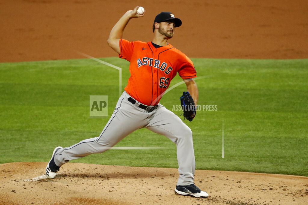 Roger Steinman Houston Astros starting pitcher Chase De Jong works against the Texas Rangers during the first inning of a baseball game in Arlington, Texas, Sunday, Sept. 27, 2020. (AP Photo/Roger Steinman)