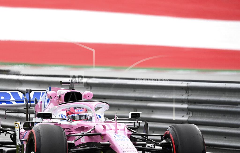 Joe Klamar Racing Point driver Sergio Perez of Mexico steers his car during the first practice session at the Red Bull Ring racetrack in Spielberg, Austria, Friday, July 3, 2020. The Austrian Formula One Grand Prix will be held on Sunday. (Joe Klamar/Pool via AP)