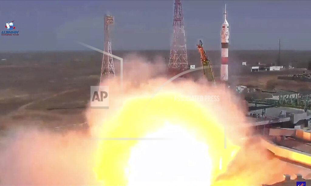 Uncredited In this photo taken from video footage released by the Roscosmos Space Agency, the Soyuz-2.1a rocket booster with Soyuz MS-18 space ship carrying a new crew to the International Space Station, ISS, blasts off at the Russian leased Baikonur cosmodrome, Kazakhstan, Friday, April 9, 2021. A Russian-U.S. trio of space travelers have launched successfully, heading for the International Space Station. NASA astronaut Mark Vande Hei and Russian cosmonauts Oleg Novitskiy and Pyotr Dubrov blasted off as scheduled at 12:42 p.m. (0742 GMT, 3:42 a.m. EDT) Friday aboard the Soyuz MS-18 spacecraft from the Russia-leased Baikonur launch facility in Kazakhstan. (Roscosmos Space Agency via AP)