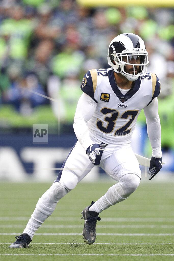 Los Angeles Rams free safety Eric Weddle (32) takes a defensive position during an NFL game against the Seattle Seahawks, Thursday, Oct. 3, 2019, in Seattle. The Seahawks defeated the Rams 30-29. (Margaret Bowles via AP)