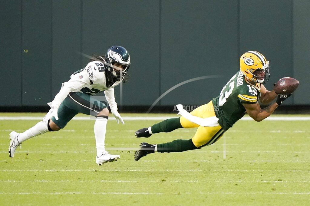 Morry Gash Green Bay Packers' Allen Lazard catches a pass in front of Philadelphia Eagles' Avonte Maddox during the first half of an NFL football game Sunday, Dec. 6, 2020, in Green Bay, Wis. (AP Photo/Morry Gash)