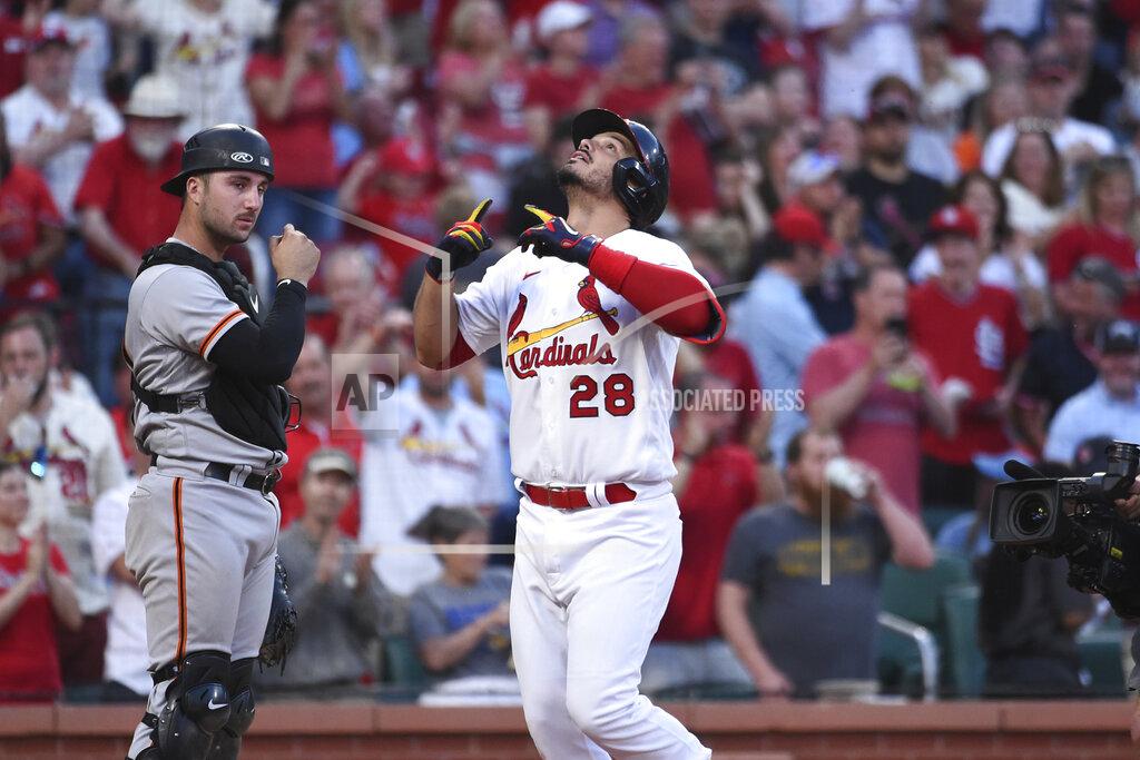 Joe Puetz St. Louis Cardinals' Nolan Arenado (28) reacts after hitting a two run home run during the fourth inning of a baseball game against the San Francisco Giants on Sunday, May 15, 2022, in St. Louis. (AP Photo/Joe Puetz)