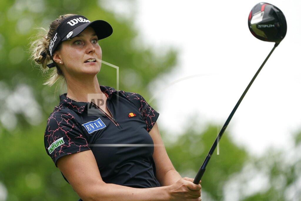 John Minchillo Sanna Nuutinen, of Finland, tees off on the second hole during the third round of the LPGA Cognizant Founders Cup golf tournament, Saturday, May 14, 2022, at the Upper Montclair Country Club in Clifton, N.J. (AP Photo/John Minchillo)