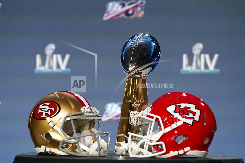 David J. Phillip The Vince Lombardi Trophy is displayed before a news conference for the NFL Super Bowl 54 football game Wednesday, Jan. 29, 2020, in Miami. (AP Photo/David J. Phillip)