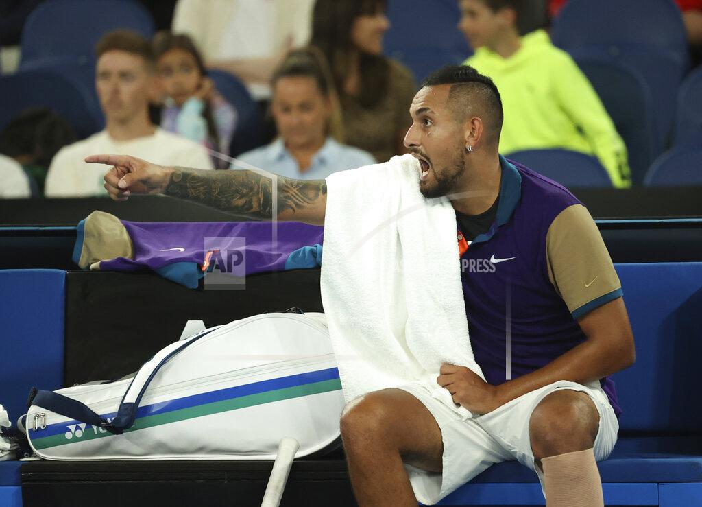 Hamish Blair Australia's Nick Kyrgios gestures during his third round match against Austria's Dominic Thiem at the Australian Open tennis championship in Melbourne, Australia, Friday, Feb. 12, 2021.(AP Photo/Hamish Blair)