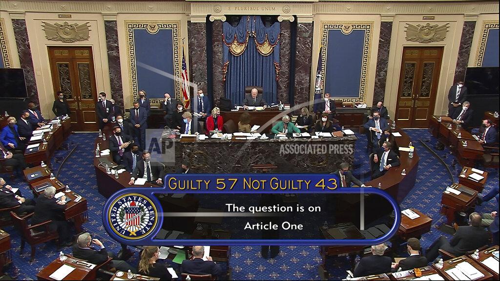 Uncredited In this image from video, the final vote total of 57-43, to acquit former President Donald Trump of the impeachment charge, incitement of insurrection, in the Senate at the U.S. Capitol in Washington, Saturday, Feb. 13, 2021. (Senate Television via AP)