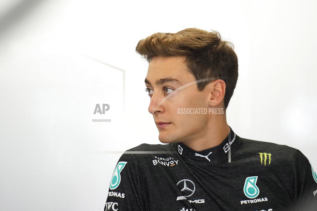 Manu Fernandez Mercedes driver George Russell of Britain waits at pits during practice session at the Barcelona Catalunya racetrack in Montmelo, Spain, Friday, May 20, 2022. The Formula One race will be held on Sunday. (AP Photo/Manu Fernandez)
