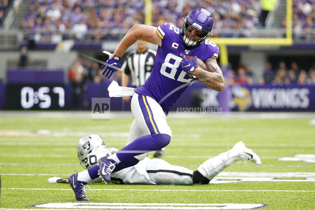 Bruce Kluckhohn Minnesota Vikings tight end Kyle Rudolph (82) runs from Oakland Raiders cornerback Daryl Worley (20) after making a reception during the first half of an NFL football game, Sunday, Sept. 22, 2019, in Minneapolis. (AP Photo/Bruce Kluckhohn)