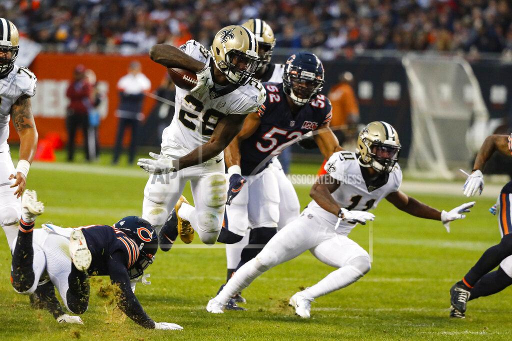 Charles Rex Arbogast New Orleans Saints running back Latavius Murray (28) runs against the Chicago Bears during the second half of an NFL football game in Chicago, Sunday, Oct. 20, 2019. (AP Photo/Charles Rex Arbogast)