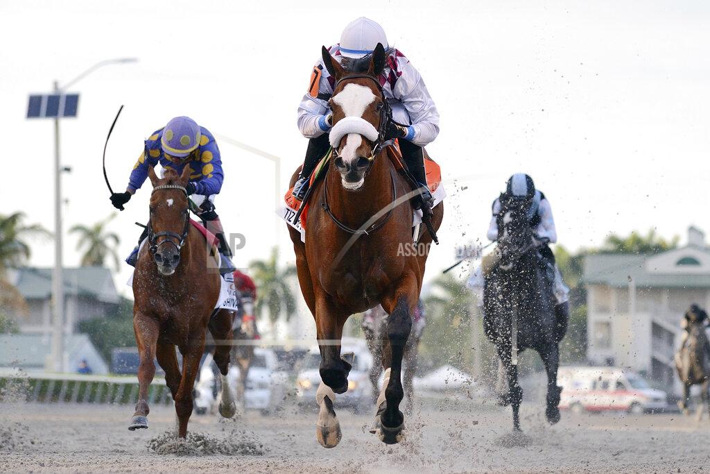 Ryan Thompson In this March 28, 2020, image provided by Gulfstream Park, Tiz the Law, riddren by Manuel Franco, foreground, runs in the Florida Derby horse race at Gulfstream Park in Hallandale Beach, Fla. Tiz the Law looks every bit like the best 3-year-old in the world and is the Triple Crown favorite, so it’ll take something spectacular from a watered-down field to prevent him from becoming the first New York-bred horse to win the Belmont in over 130 years and take a powerful stride toward the Kentucky Derby. (Ryan Thompson/Coglianese Photos, Gulfstream Park via AP)