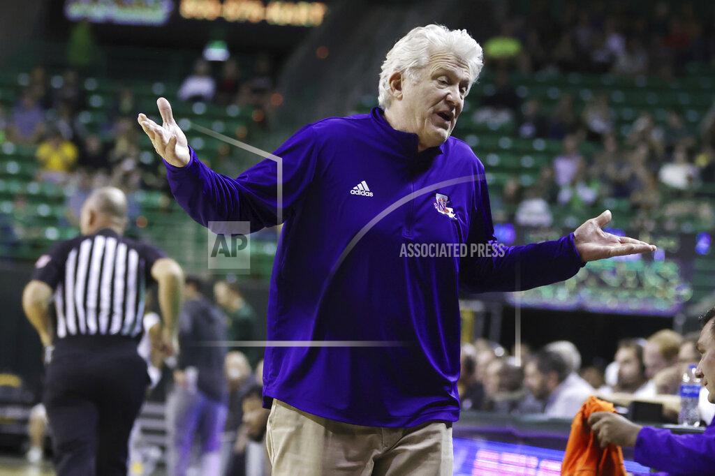Rod Aydelotte Northwestern State coach Mike McConathy reacts to a play against Baylor during the first half of an NCAA college basketball game Tuesday, Dec. 28, 2021, in Waco, Texas. (AP Photo/Rod Aydelotte)