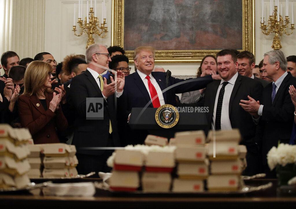 Carolyn Kaster President Donald Trump welcomes 2018 NCAA FCS College Football Champions, The North Dakota State Bison, to the White House in Washington, Monday, March 4, 2019. (AP Photo/Carolyn Kaster)