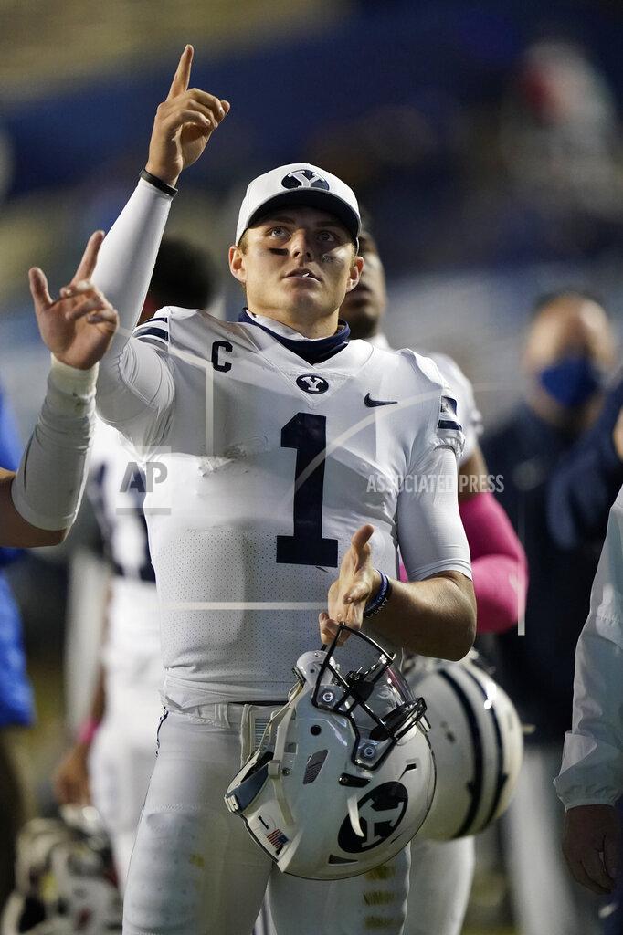 Rick Bowmer BYU quarterback Zach Wilson (1) looks on following their NCAA college football game against Western Kentucky Saturday, Oct. 31, 2020, in Provo, Utah. (AP Photo/Rick Bowmer, Pool)