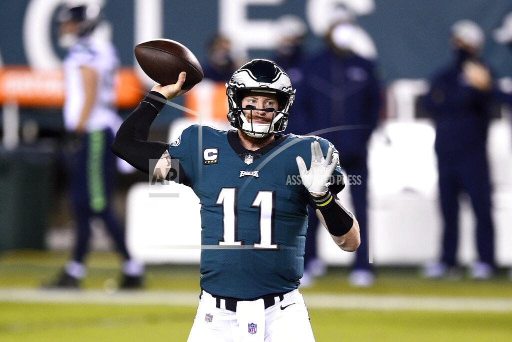 Derik Hamilton Philadelphia Eagles' Carson Wentz warms up before an NFL football game against the Seattle Seahawks, Monday, Nov. 30, 2020, in Philadelphia. (AP Photo/Derik Hamilton)