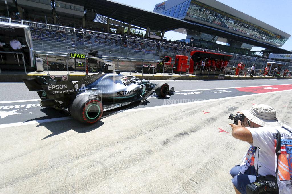 Ronald Zak Mercedes driver Lewis Hamilton of Britain leaves the pits during the third free practice session for the Austrian Formula One Grand Prix at the Red Bull Ring racetrack in Spielberg, southern Austria, Saturday, June 29, 2019. The race will be held on Sunday. (AP Photo/Ronald Zak)