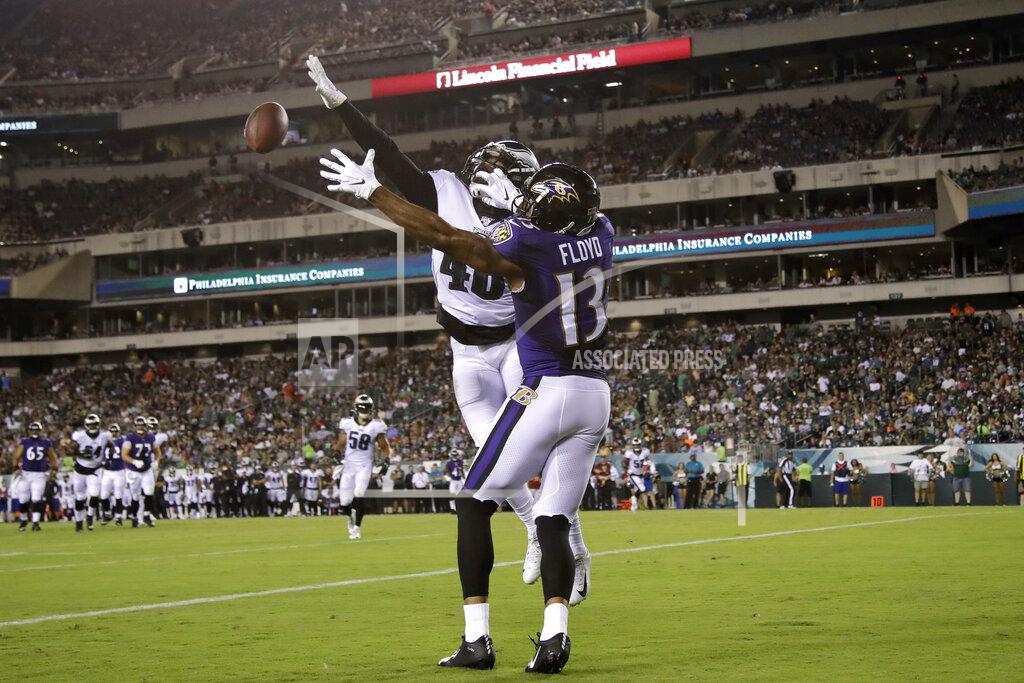 Matt Rourke Philadelphia Eagles' Josh Hawkins, left, breaks up a pass intended for Baltimore Ravens' Michael Floyd in the end zone during the first half of a preseason NFL football game Thursday, Aug. 22, 2019, in Philadelphia. (AP Photo/Matt Rourke)