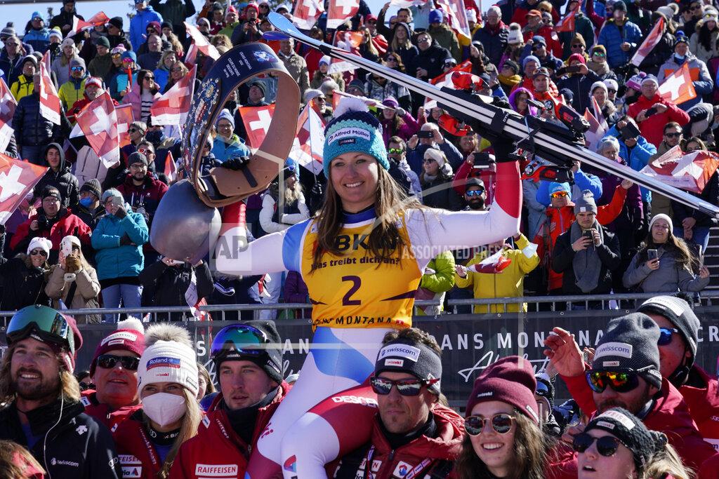 Giovanni Auletta The winner Switzerland's Priska Nufer, celebrates after an alpine ski, women's World Cup downhill race, in Crans Montana, Switzerland, Sunday, Feb. 27, 2022. (AP Photo/Giovanni Auletta)