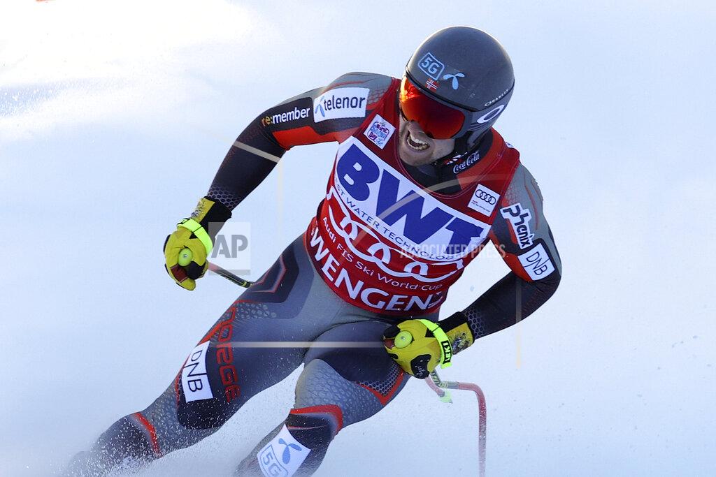Norway's Aleksander Aamodt Kilde celebrates at the finish area of an alpine ski, men's World Cup super G, in Wengen, Switzerland, Thursday, Jan. 13, 2022. (AP Photo/Luciano Bisi)