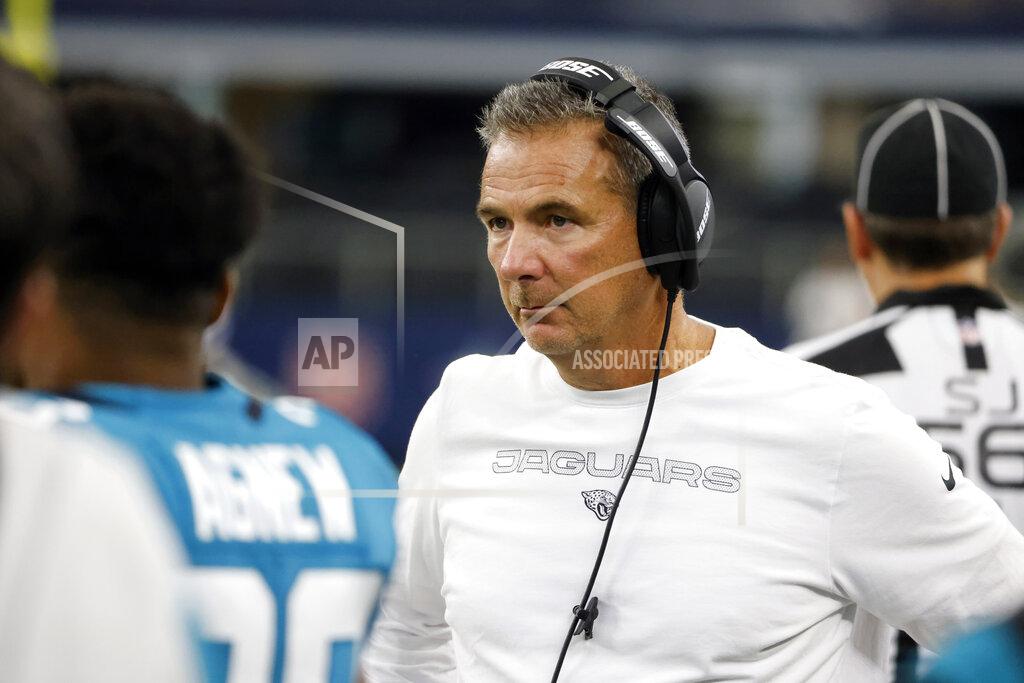 Michael Ainsworth FILE - In this Sunday, Aug. 29, 2021, file photo, Jacksonville Jaguars head coach Urban Meyer works the sideline during the first half of a preseason NFL football game against the Dallas Cowboys in Arlington, Texas. In many regards, Meyer runs the Jaguars like a college program It’s what he knows even though he spent a year studying the NFL before he ended a brief coaching retirement. It’s also worked at every previous stop, so no one is questioning his methods. (AP Photo/Michael Ainsworth, File)