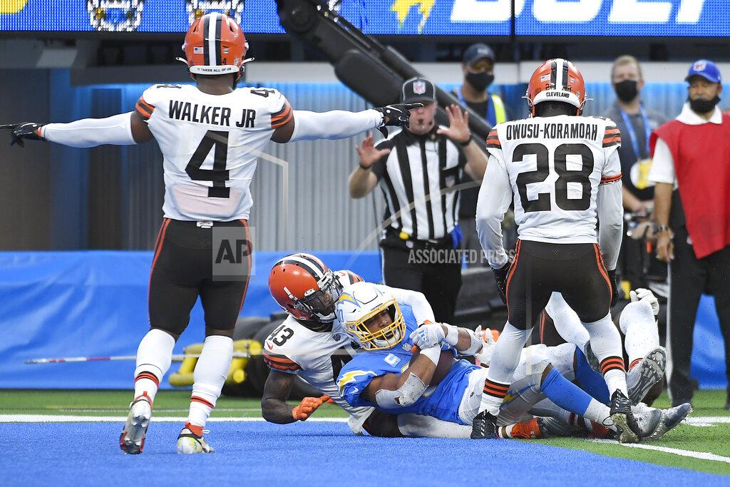 Kevork Djansezian Los Angeles Chargers running back Austin Ekeler scores a two-point conversion late in the fourth quarter during an NFL football game against the Cleveland Browns Sunday, Oct. 10, 2021, in Inglewood, Calif. (AP Photo/Kevork Djansezian)