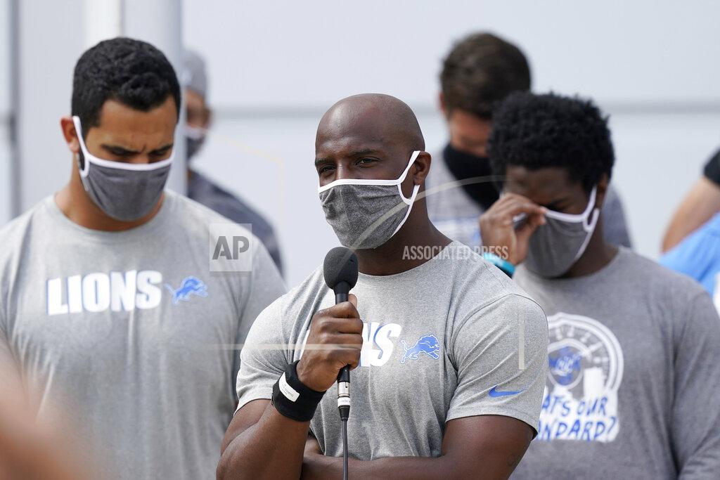 Carlos Osorio Detroit Lions safety Duron Harmon addresses the media with his teammates outside the Lions NFL football camp practice facility, Tuesday, Aug. 25, 2020, in Allen Park, Mich. The players were reacting to the recent shooting of Jacob Blake in Kenosha, Wis., on Sunday. (AP Photo/Carlos Osorio)