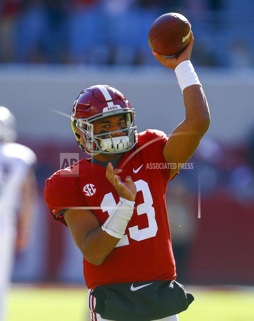 Butch Dill Alabama quarterback Tua Tagovailoa (13) warms up before an NCAA college football game against Mississippi State, Saturday, Nov. 10, 2018, in Tuscaloosa, Ala. (AP Photo/Butch Dill)