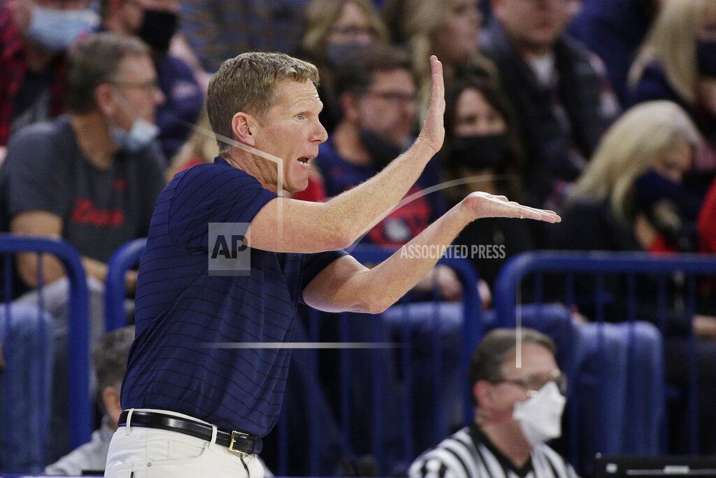 Young Kwak Gonzaga coach Mark Few directs players during the first half of the team's NCAA college basketball game against Texas, Saturday, Nov. 13, 2021, in Spokane, Wash. (AP Photo/Young Kwak)