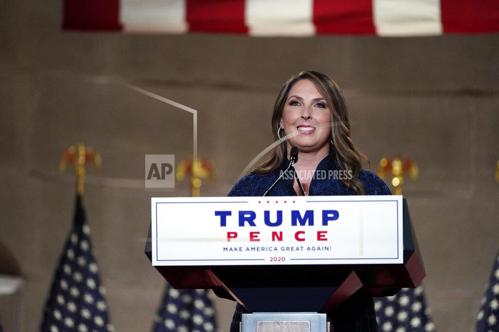Republican National Committee Chairwoman, Ronna McDaniel, speaks during the Republican National Convention from the Andrew W. Mellon Auditorium in Washington, Monday, Aug. 24, 2020. (AP Photo/Susan Walsh)