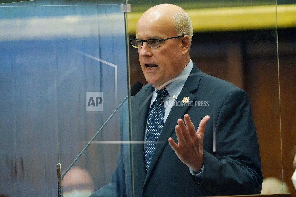 Rogelio V. Solis House Public Utilities Committee Chairman Scott Bounds, R-Philadelphia, addresses specifics of a rural broadband bill in the House Chamber at the Capitol in Jackson, Miss., Tuesday, March 30, 2021. (AP Photo/Rogelio V. Solis)