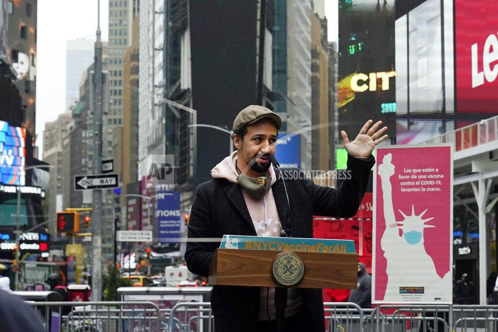 Richard Drew Actor Lin-Manuel Miranda delivers his remarks in Times Square after he toured the grand opening of a Broadway COVID-19 vaccination site intended to jump-start the city's entertainment industry, in New York, Monday, April 12, 2021. (AP Photo/Richard Drew)