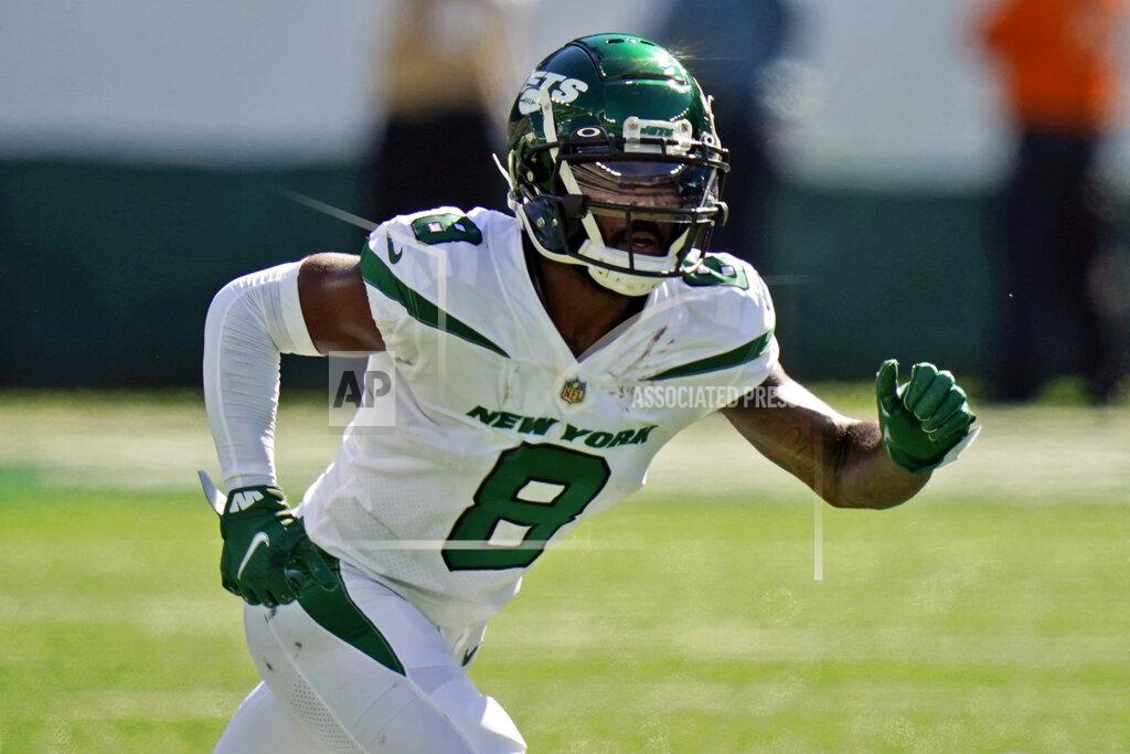 FILE - In this Sept. 19, 2021, file photo, New York Jets' Elijah Moore plays during the second half of an NFL football game against the New England Patriots in East Rutherford, N.J. Moore, a second-round pick out of Mississippi, has just eight catches for 66 yards in four games. (AP Photo/Frank Franklin II, File)