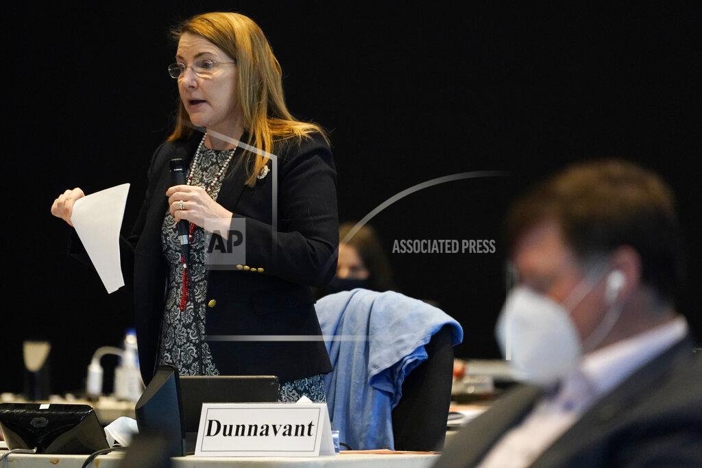 Virginia State Sen. Siobhan Dunnavant, Henrico, speaks on a bill requiring in person learning at state schools during the Senate session at the Science Museum in Richmond, Va., Thursday, Feb. 25, 2021. (AP Photo/Steve Helber)