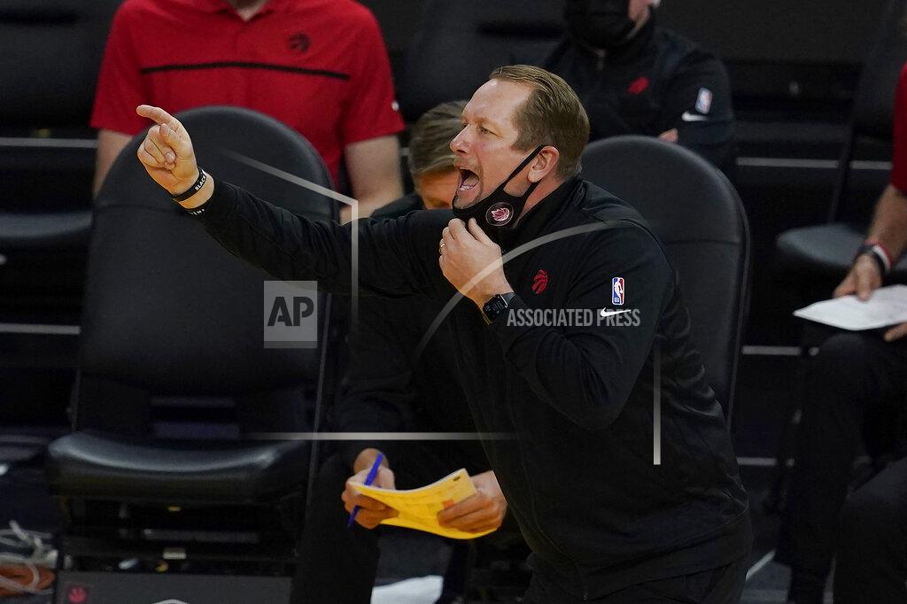 Jeff Chiu Toronto Raptors head coach Nick Nurse gestures during the second half of his team's NBA basketball game against the Golden State Warriors in San Francisco, Sunday, Jan. 10, 2021. (AP Photo/Jeff Chiu)