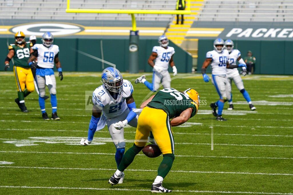 Morry Gash Detroit Lions' Tracy Walker breaks up a pass intended for Green Bay Packers' Robert Tonyan during the first half of an NFL football game Sunday, Sept. 20, 2020, in Green Bay, Wis. (AP Photo/Morry Gash)