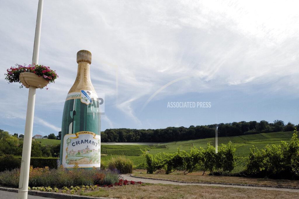 Francois Mori FILE - In this July 28, 2020 file photo, a Champagne advert is displayed at the entrance of the village in Avize, in the Champagne region, east of Paris. Nation by nation, how is Election Day in the United States being watched, considered, assessed? A spat between the Trump administration and the European Union — and France, in particular — resulted in the US slapping 25% retaliatory tariffs on one of the EU's most emblematic products last year: French wine. (AP Photo/Francois Mori, File)