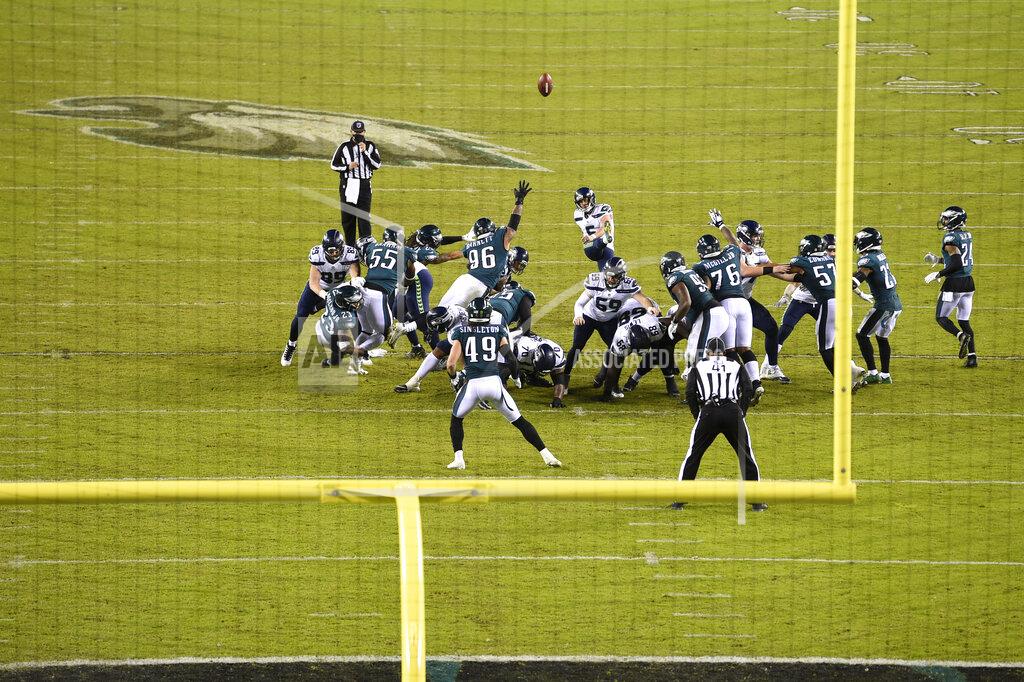 Derik Hamilton Seattle Seahawks' Jason Myers (5) kicks a field goal during the second half of an NFL football game against the Philadelphia Eagles, Monday, Nov. 30, 2020, in Philadelphia. (AP Photo/Derik Hamilton)