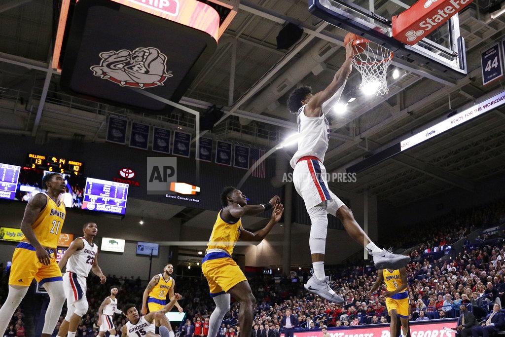 Young Kwak Gonzaga forward Rui Hachimura, right, dunks during the first half of the team's NCAA college basketball game against Cal State Bakersfield in Spokane, Wash., Monday, Dec. 31, 2018. (AP Photo/Young Kwak)