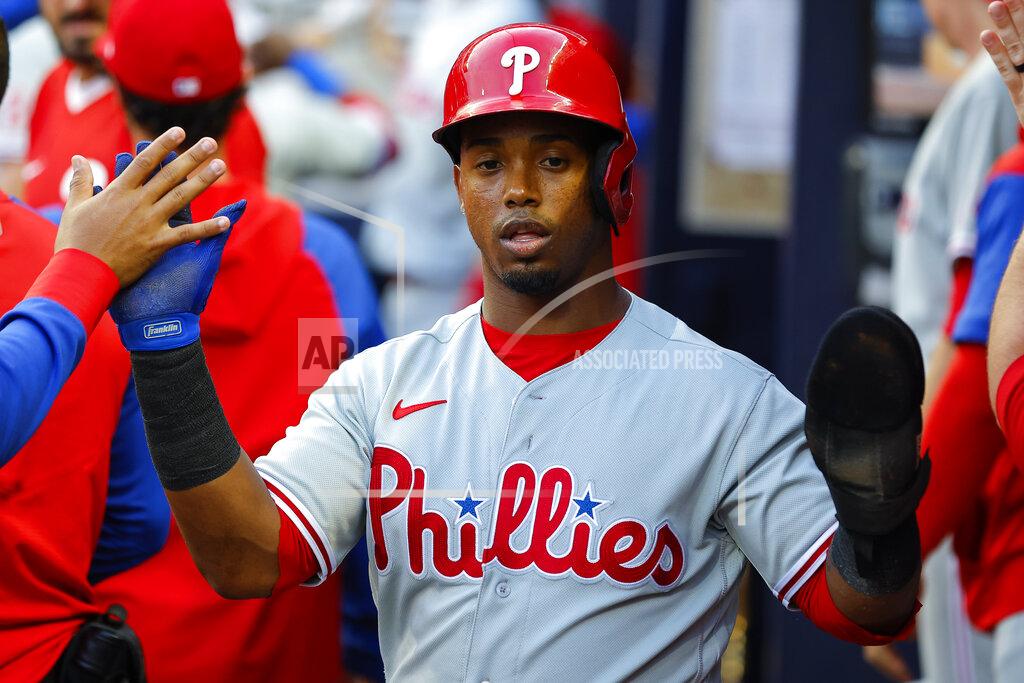 Todd Kirkland Philadelphia Phillies Jean Segura reacts after scoring in the second inning of a baseball game against the Atlanta Braves, Tuesday, May 24, 2022, in Atlanta. (AP Photo/Todd Kirkland)