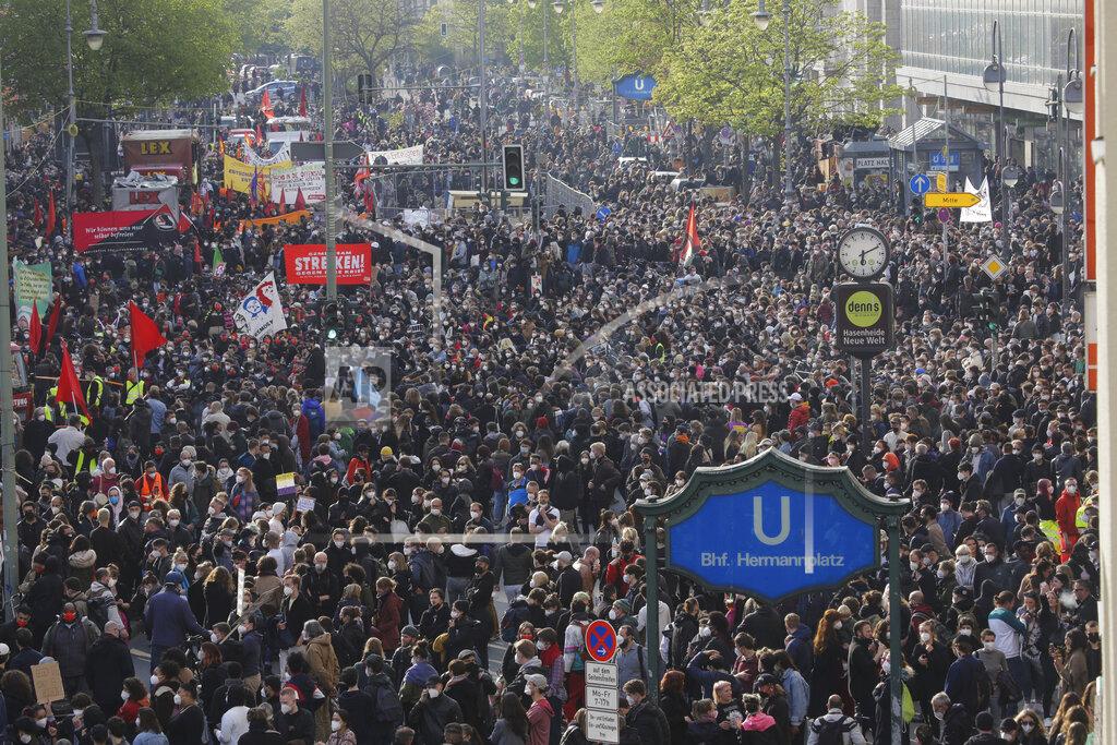 Markus Schreiber Thousands of protestors attend a May Day rally at the Hermannplatz square in Berlin, Germany, Saturday, May 1, 2021. (AP Photo/Markus Schreiber)