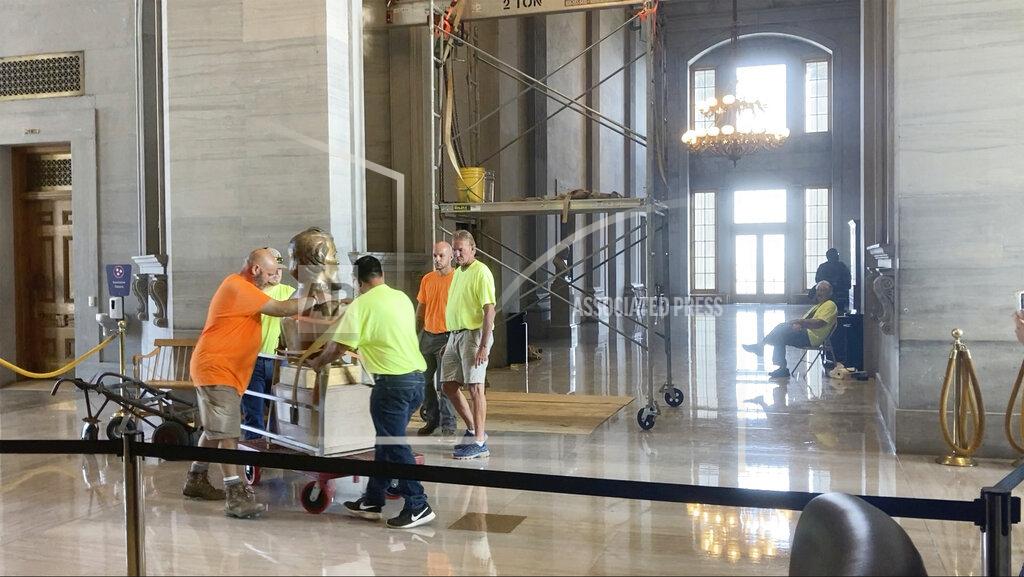 Kimberlee Kruesi The Nathan Bedford Forrest bust is removed from inside of the Tennessee Capitol on Friday, July 23, 2021 in Nashville. Tennessee’s State Building Commission voted 5-2 to remove the bust of the Confederate general and early Ku Klux Klan leader on Thursday, the final hurdle in a months-long process. (AP Photo/Kimberlee Kruesi)