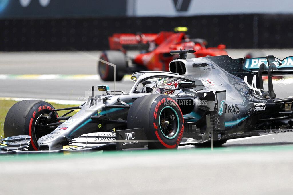 Nelson Antoine Mercedes driver Lewis Hamilton, of Britain, competes during the third free practice session for the Formula One Brazil Grand Prix auto race at the Interlagos race track in Sao Paulo, Brazil, Saturday, Nov. 16, 2019. (AP Photo/Nelson Antoine)