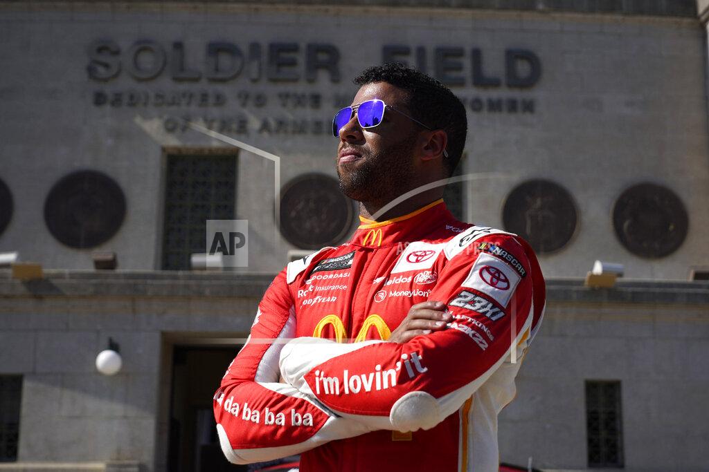 Charles Rex Arbogast NASCAR driver Bubba Wallace poses for photos outside Soldier Field on Tuesday, July 19, 2022, in Chicago during a promotional visit to announce a Cup Series street race in the city, to be held July 2, 2023. (AP Photo/Charles Rex Arbogast)