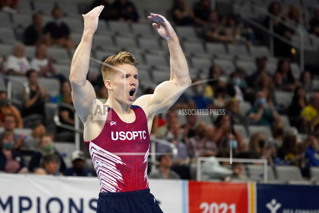 Tony Gutierrez Shane Wiskus celebrates after competing in the floor exercise during the U.S. Gymnastics Championships, Saturday, June 5, 2021, in Fort Worth, Texas. (AP Photo/Tony Gutierrez)
